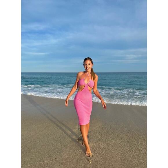 VICTOR GLEMAUD Pink Cotton Knit Middle Cutout Halter Necktie Dress size XS - Picture 4 of 11